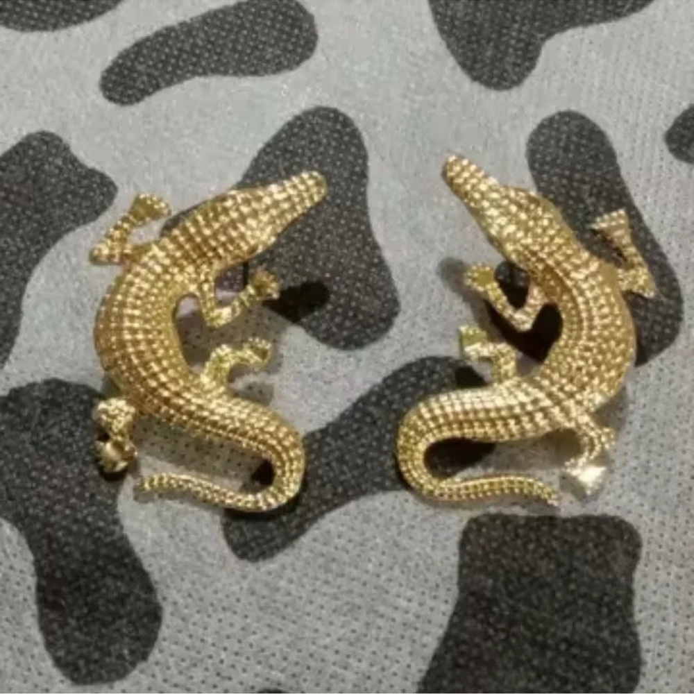 Alligator Gold Textured Statement Earrings - Picture 4 of 15